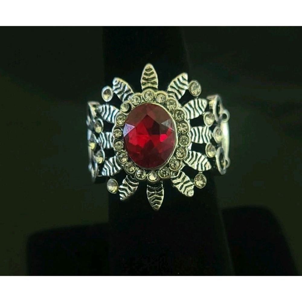 Red Rhinestone Cocktail Ring Silver Tone Filigree Stretch Adjustable